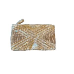 Vintage Handmade Japan Clutch Cream Pearl Sequin Geometric Evening Bag Zippered